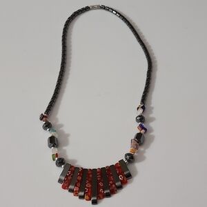 Vintage Millefiori Glass Hematite Gemstone Necklace Floral Estate Vtg Beaded